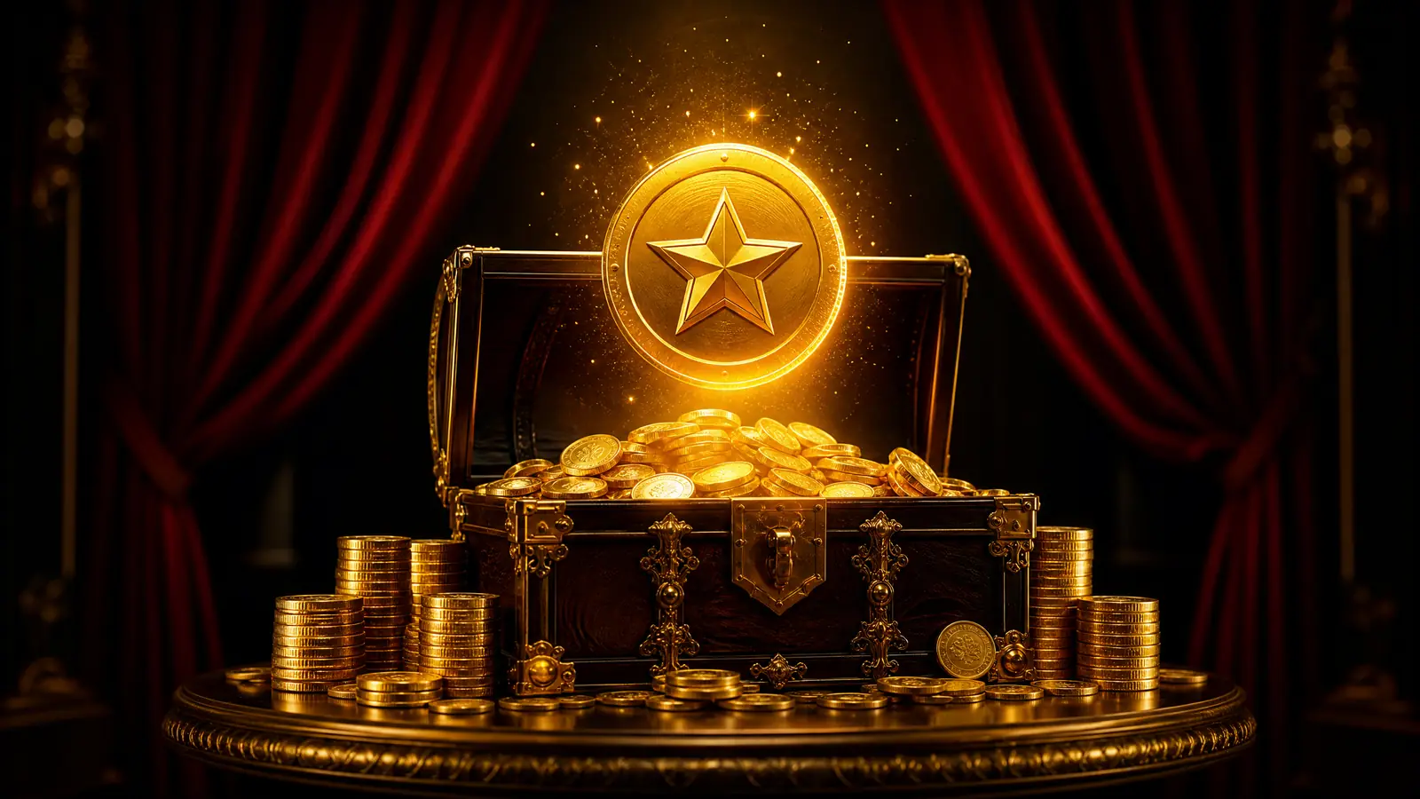 Peti harta karun penuh koin emas — bonus deposit pertama Garuda4d