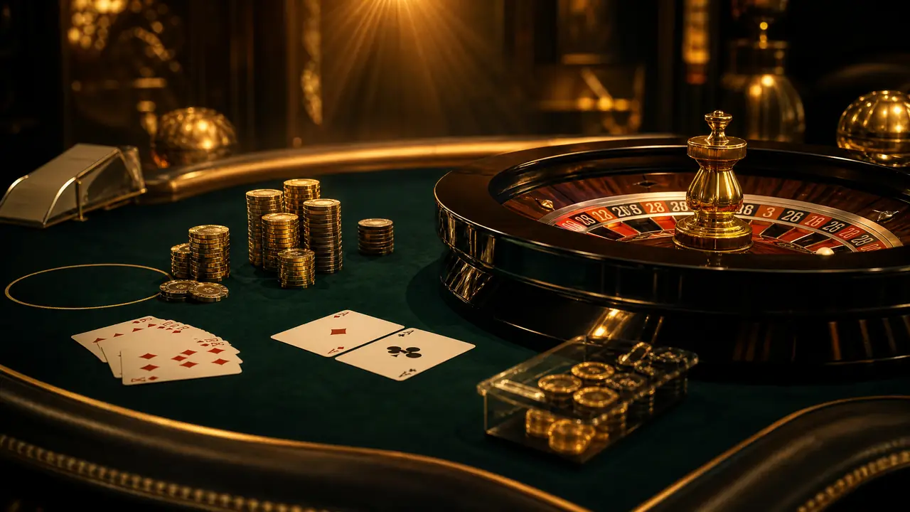 Meja live casino dengan roda roulette dan chip emas — ilustrasi panduan live casino Garuda4d