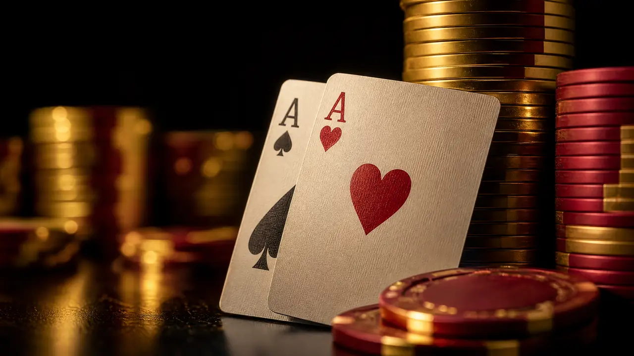 Dua kartu as dan tumpukan chip poker emas-merah — ilustrasi panduan poker online Garuda4d