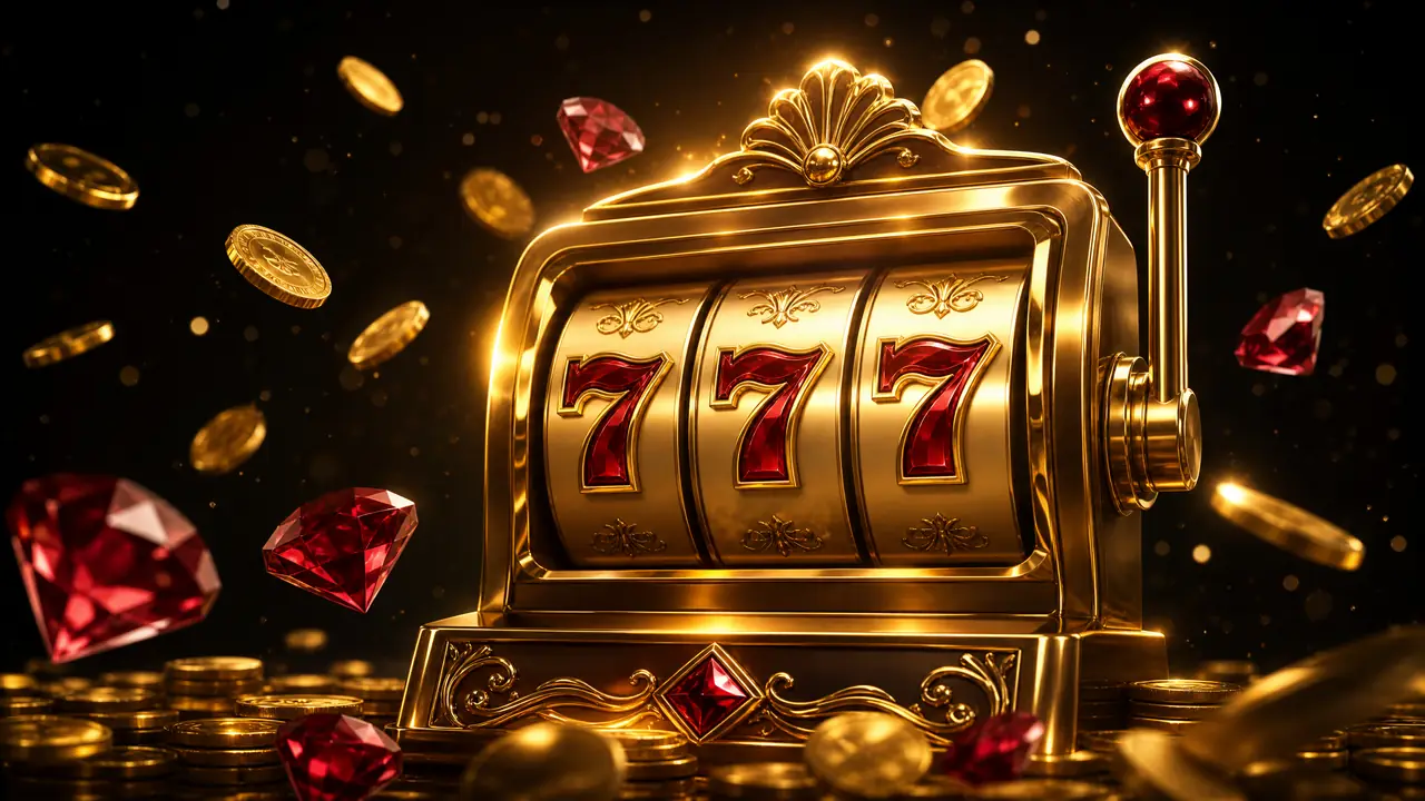 Mesin slot emas dengan koin beterbangan — ilustrasi panduan slot online Garuda4d